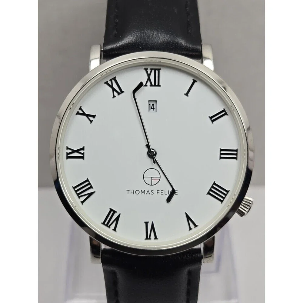 Thomas Felice 40mm 5ATM Roman Date Hockey Stick Hands Watch Silver New Battery